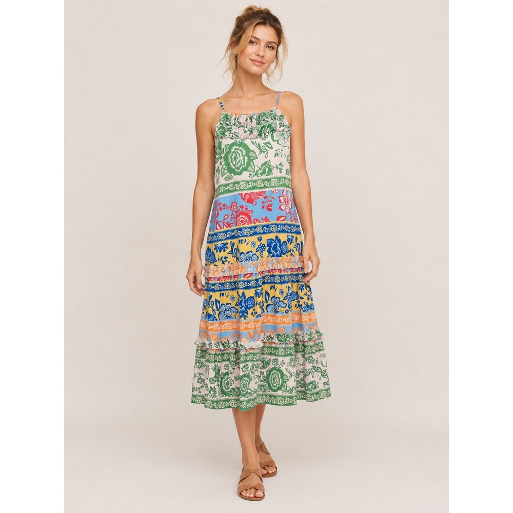Womens Hawaiian Floral Tiered Midi Dress L Summer Multi Color Sundress Tiki Boho